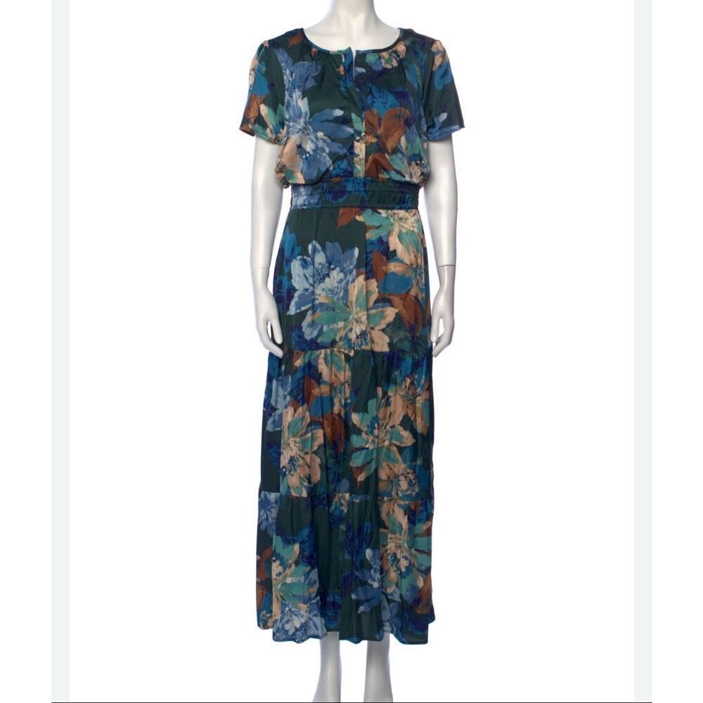 Nicole Mille floral satin look smocked waist ruffle sleeve maxi dress small - Picture 13 of 13